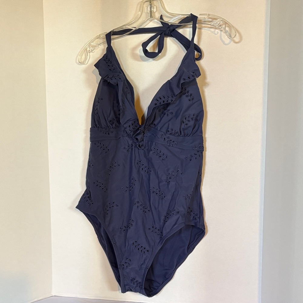 Navy Blue One-Piece Swimsuit with Eyelet Details by Time and Tru, Size L 12-14